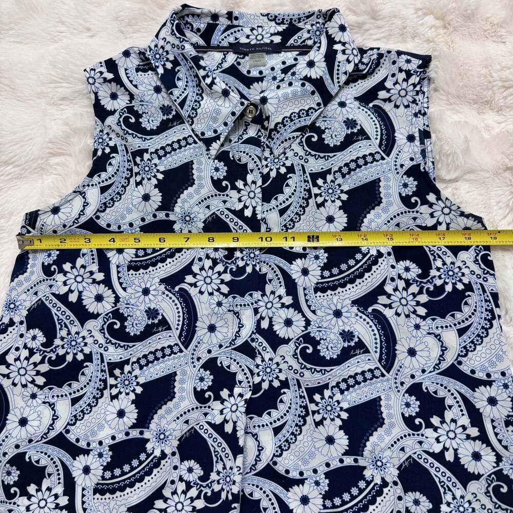 Tommy Hilfiger Women's Blue and White Paisley Sleeveless Button Down Blouse Size - Picture 4 of 8